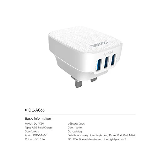 Betron USB Plug Charger Mains Charging Adapter Socket Fast 3 Ports 3.4A for Samsung Galaxy Phone iPhone Sony Xperia - Image 3