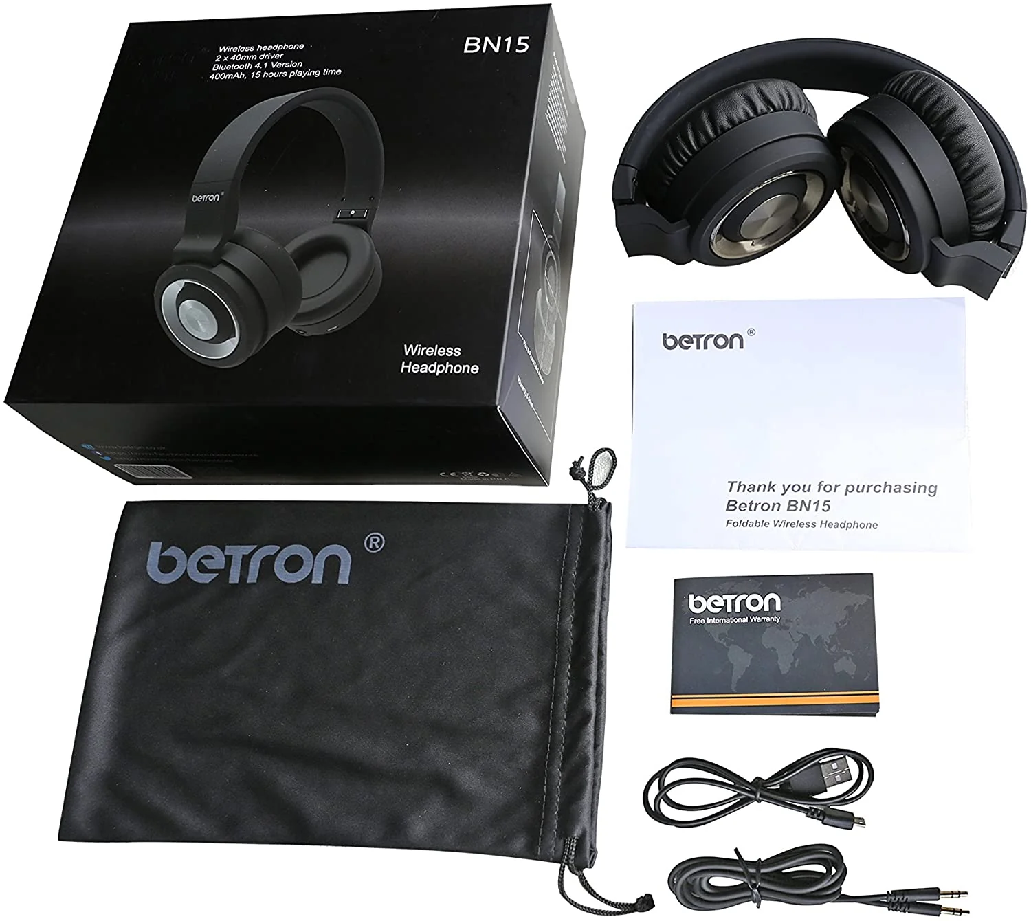 Betron BN15 Wireless Headphones With Mic On-Board Volume Control On-Ear Foldable Bluetooth Black - Image 7
